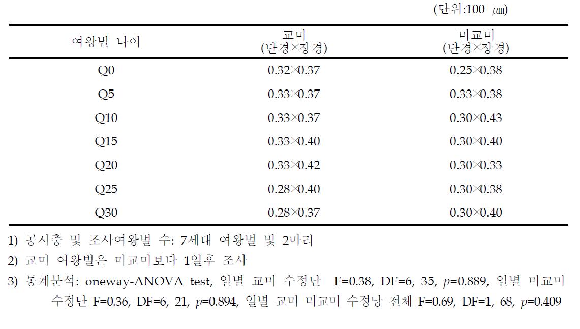 우화일별 교미 및 미교미 서양뒤영벌 여왕벌의 수정낭 크기 비교