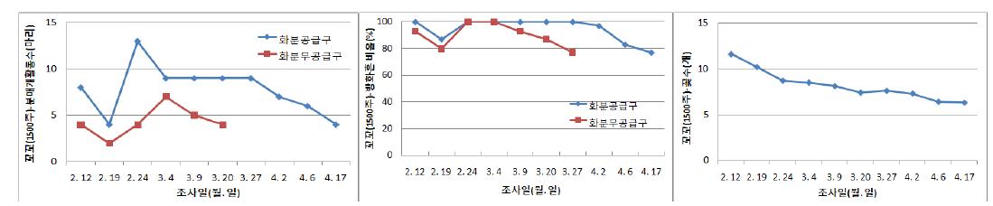 방울토마토(꼬꼬, 1,500주/660㎡) 서양뒤영벌 방사 시 화분공급에 의한 화분매개활동 수 및 방화흔 비율