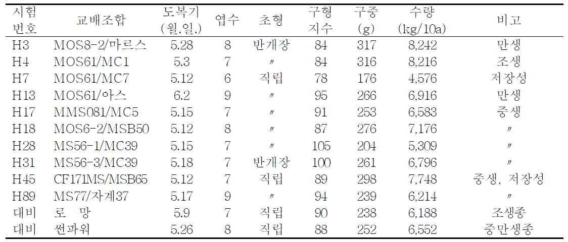 조합능력검정 선발계통의 생육 및 모구 특성