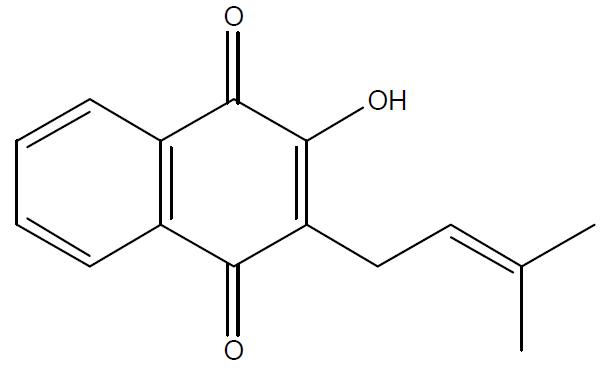 Lapachol (2-Hydroxy-3-(3-methyl-2-butenyl)-1,4-naphthoquinone)의 구조