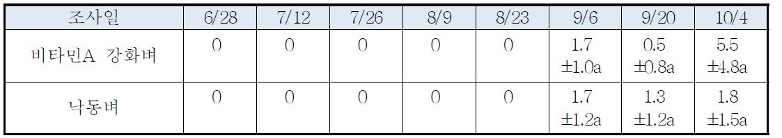 품종 간 조사 시기별 진딧물방류 발생현황
