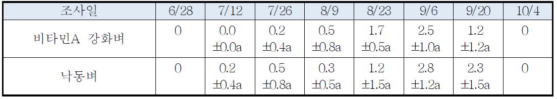 품종 간 조사 시기별 나방류 발생현황