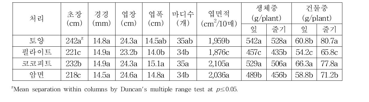 배지종류가 파프리카의 생육에 미치는 영향(품종: 쿠푸라, 정식 150일 후).