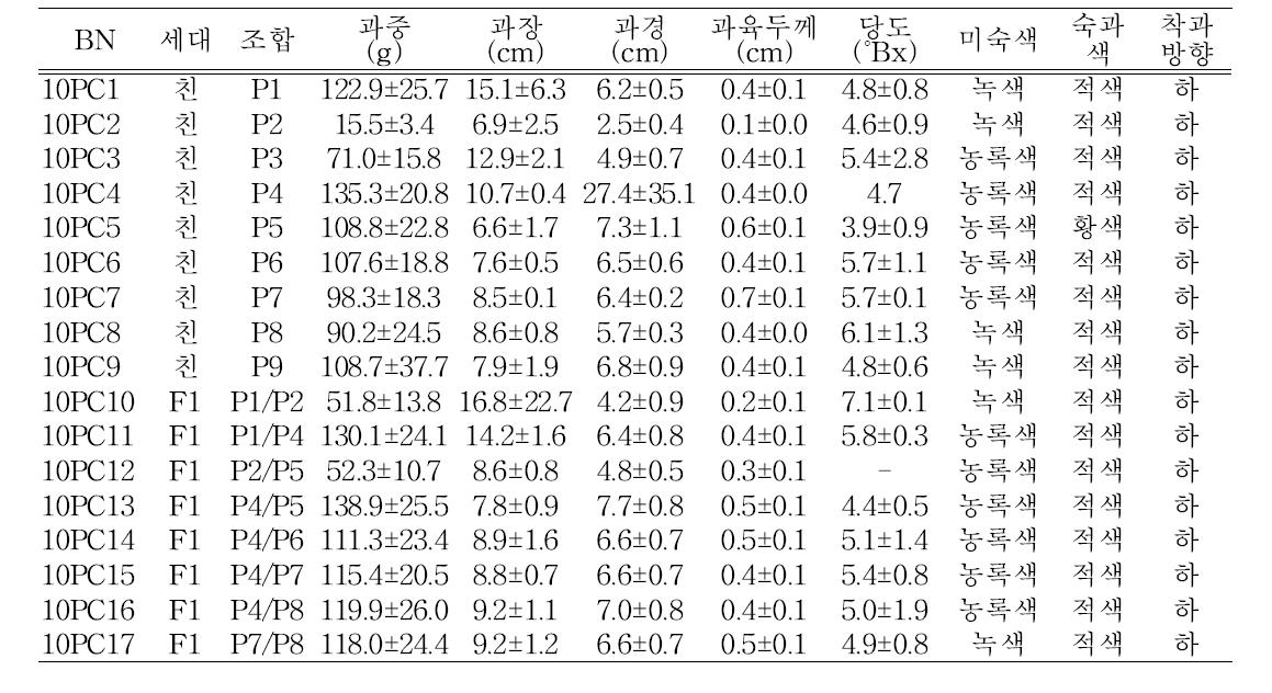 친 및 F1 조합 특성조사 결과