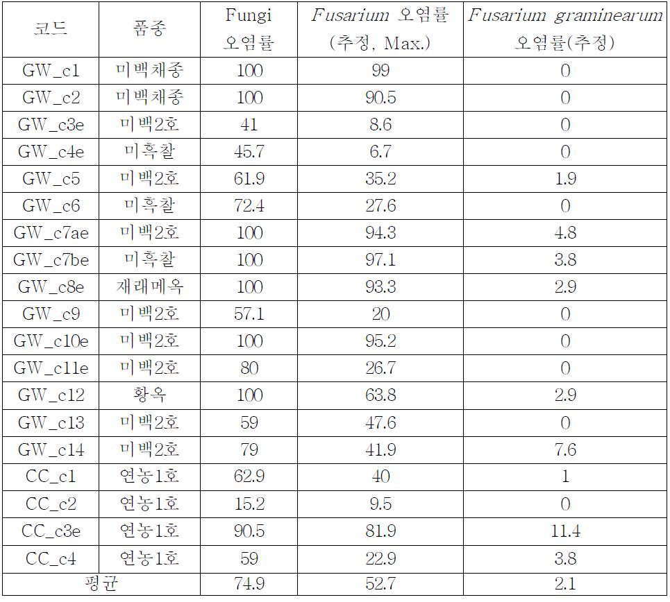 옥수수 수확 후 알곡 시료의 Fusarium 오염률