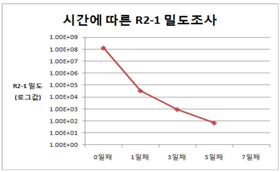 유기농토마토 액비제조 중의 유용미생물(Bacillus subtilis R2-1) 밀도 변화(2010년)