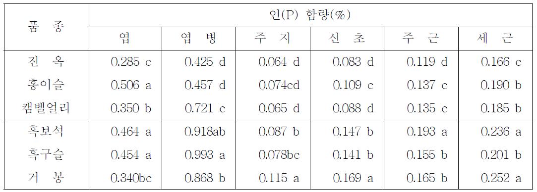 주요 신품종 포도나무의 부위별 인(P) 함량 비교 (재식 2년차, 10월 14일 조사)