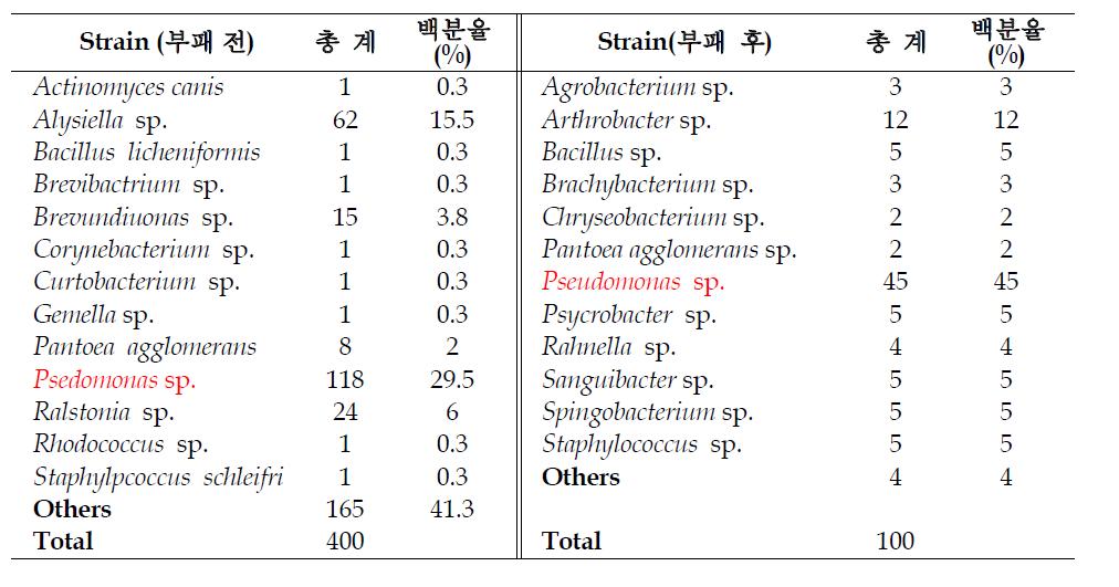 청상추 상온에서의 부패 전과 후의 세균 species의 변화