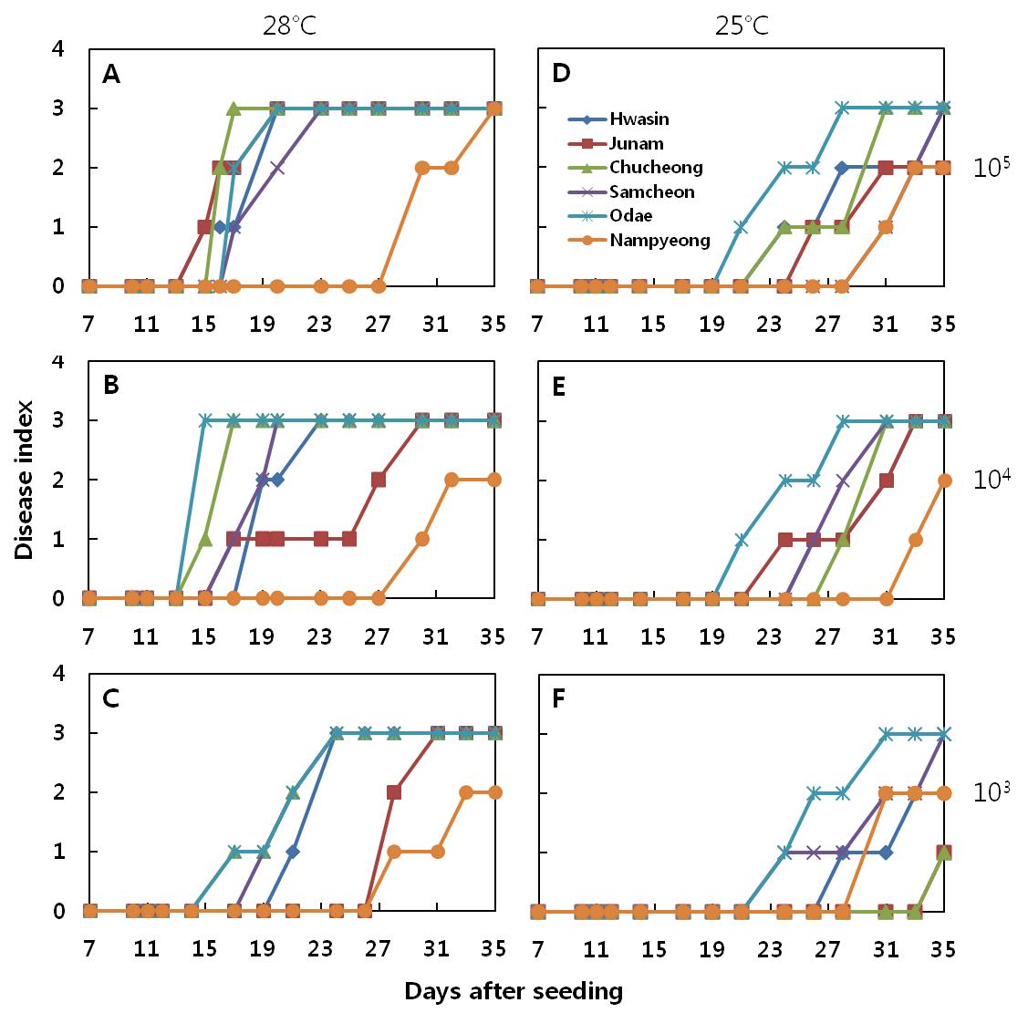 Disease index shift of the rice varieties by in vitro seedling test according to the different inoculation concentrations (1.0×103, 1.0×104, 1.0×105 spores/ml) of the F usarium fujikuroi and two different rice growth temperatures 28oC (A~C) and 25oC (D~F). Disease index scale ranging from 0 to 3 as follows; 0- no symptom; 1- blight symptom on leaf tip; 2- Wilt and leaf color change to pale green; 3- Dry the whole leaf.