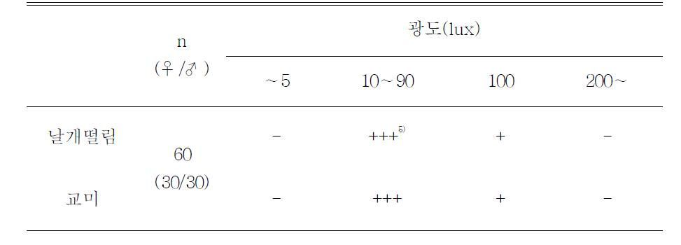 광조건에 따른 호박꽃과실파리 수컷 날개떨림과 암컷과의 교미 실내실험(24±1℃)