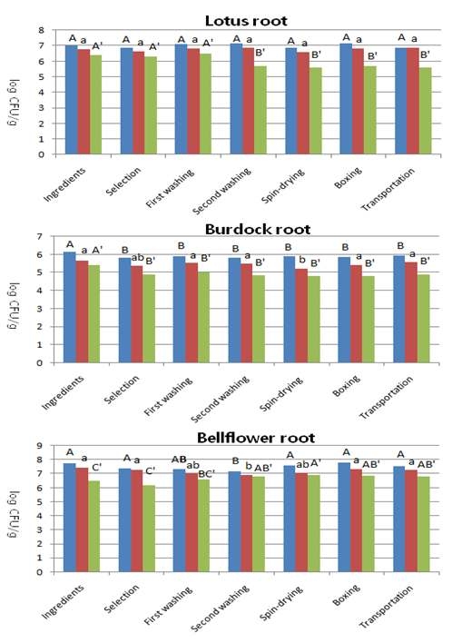 Fig. 5. 연근, 우엉, 도라지의 공정과정중의 미생물 오염도 변화