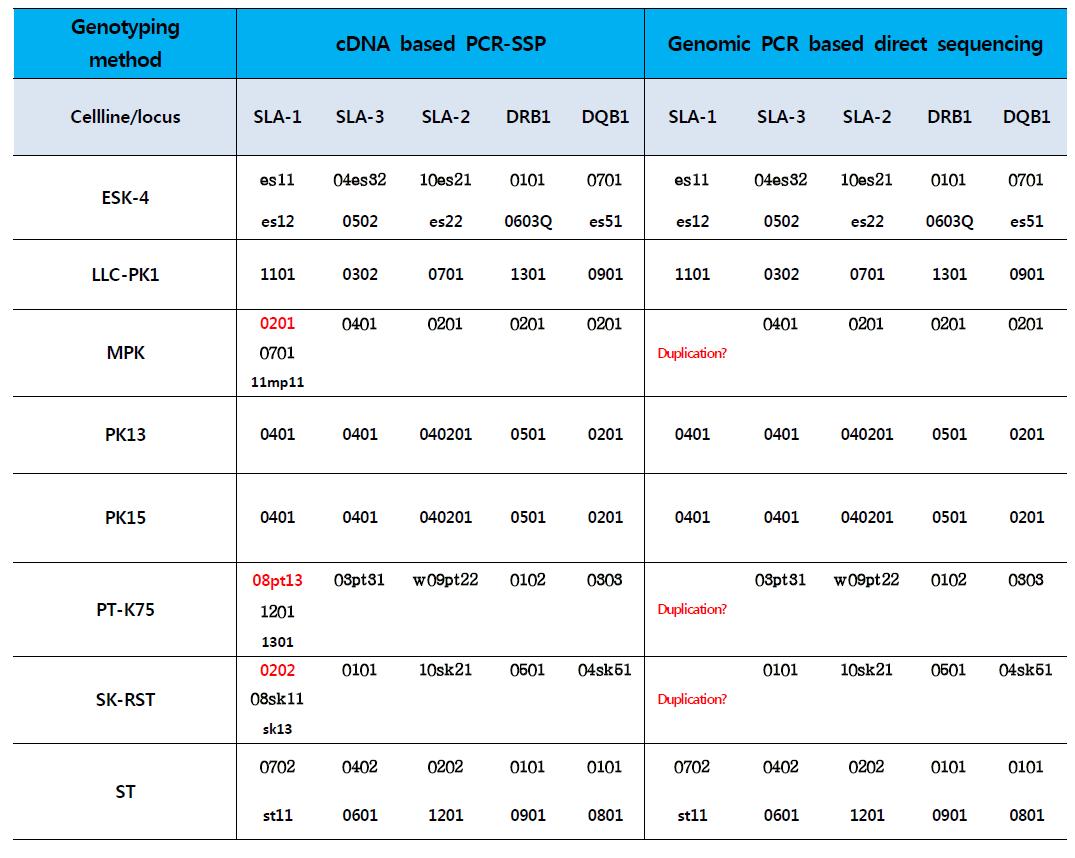 Commercial pig cell의 SLA genotyping 결과 비교