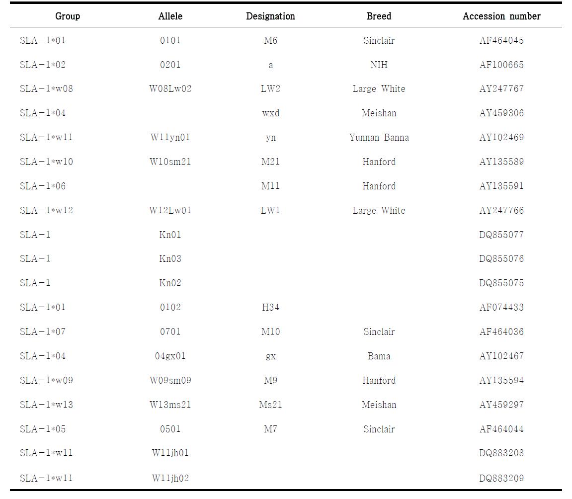 SLA I 영역에 대한 한국재래돼지에서 발견된 대립인자 목록
