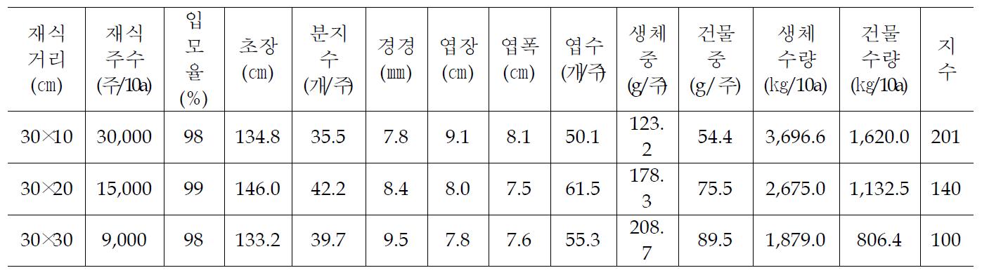 재식거리별 지상부 생육 및 수량