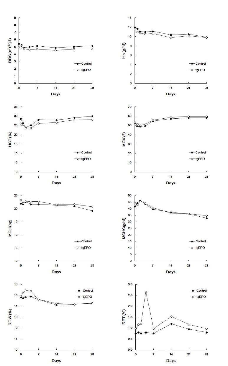 Cynomolgus monkey에서 tgEPO 단회투여후, 적혈구 관련지표의 변화.