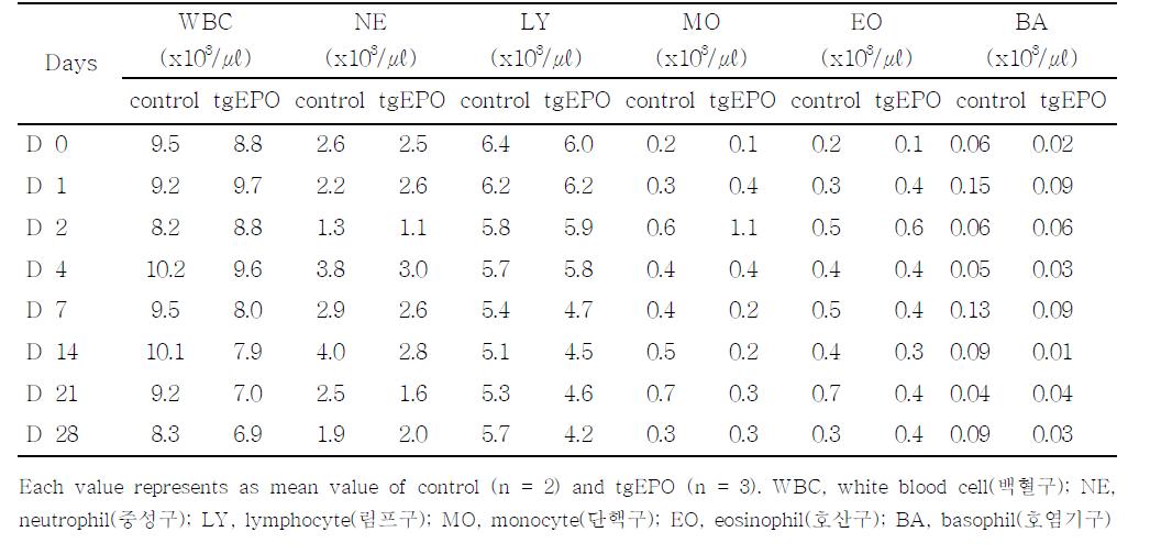 Cynomolgus monkey에서 tgEPO 단회투여후, 백혈구 관련지표의 변화