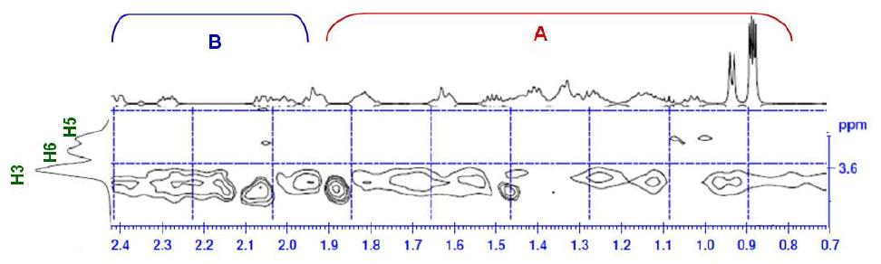 A portion of 600 MHz 2D ROESY symmetrized spectrum of VD3-CA complex prepared by CPM.