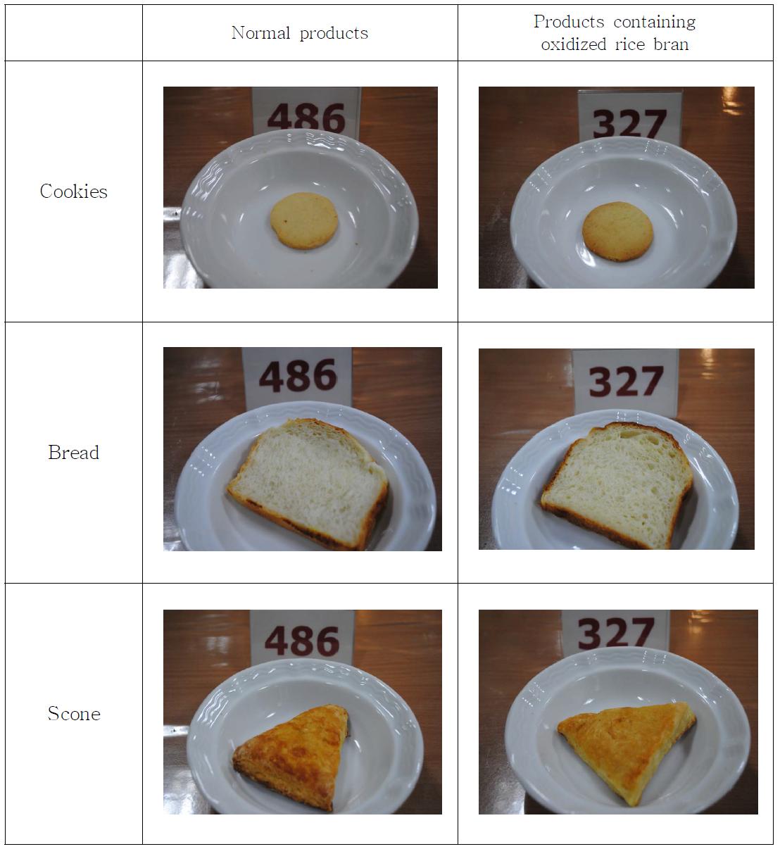 Cookie, bread and scone, 486; normal products, 327; products containing oxidized rice bran