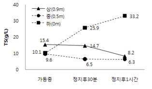 높이별 교반정지후 시간별 TS변화