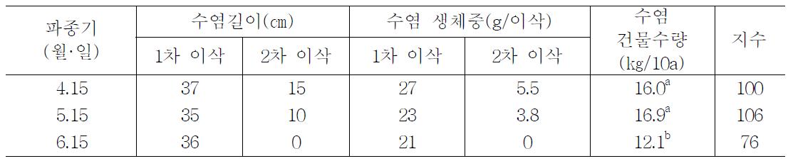 파종기에 따른 옥수수수염 길이 및 수량(2010)