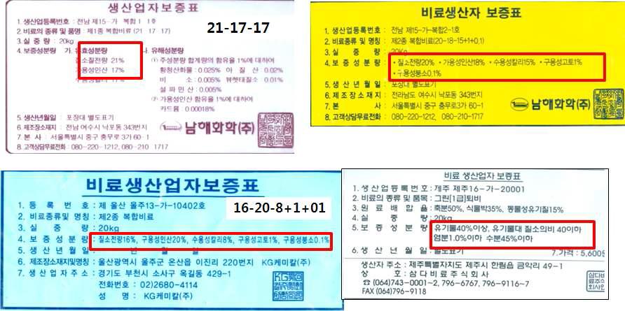 비료포장지 뒷면 표기내용