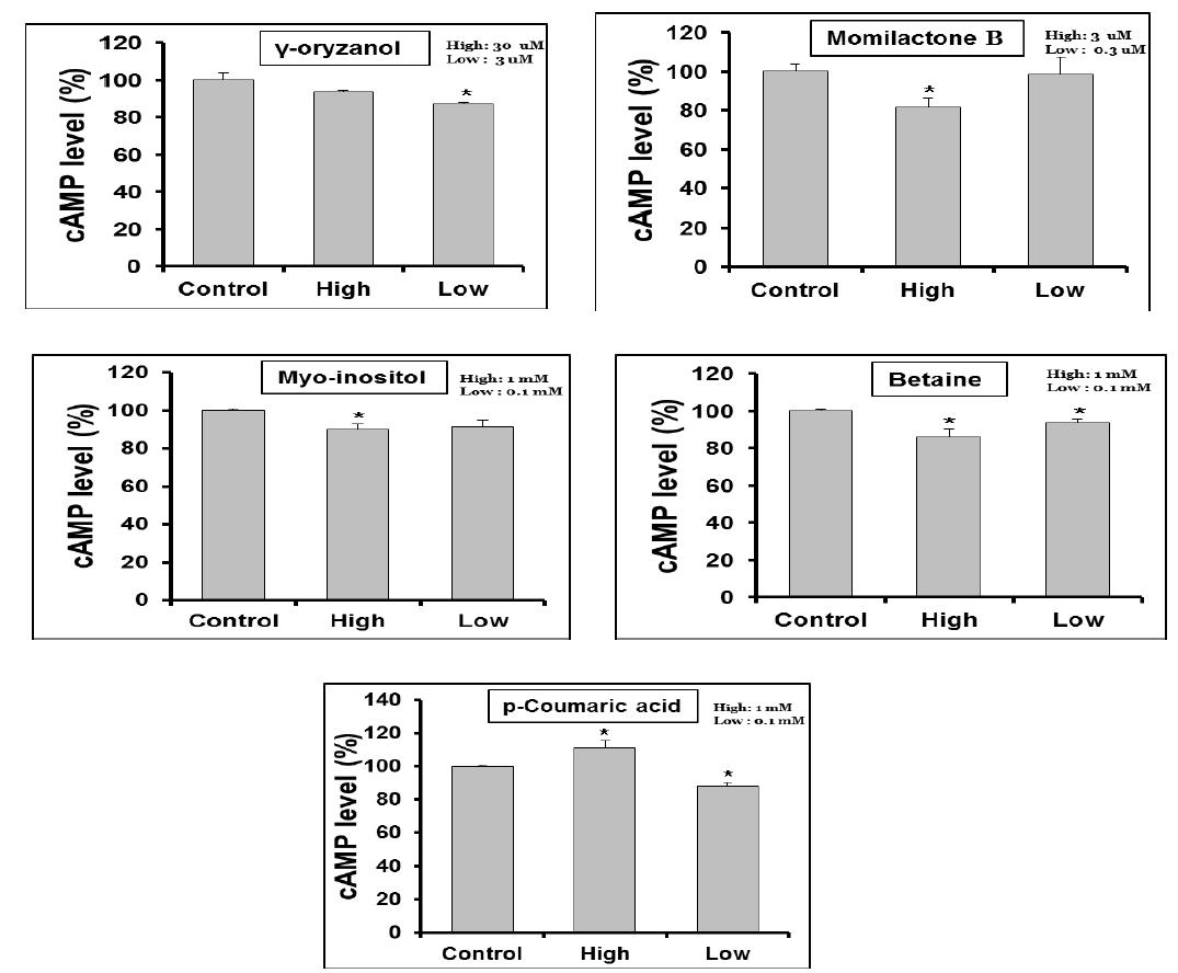 쌀추출물 및 단일성분에 의한 cAMP level 변화