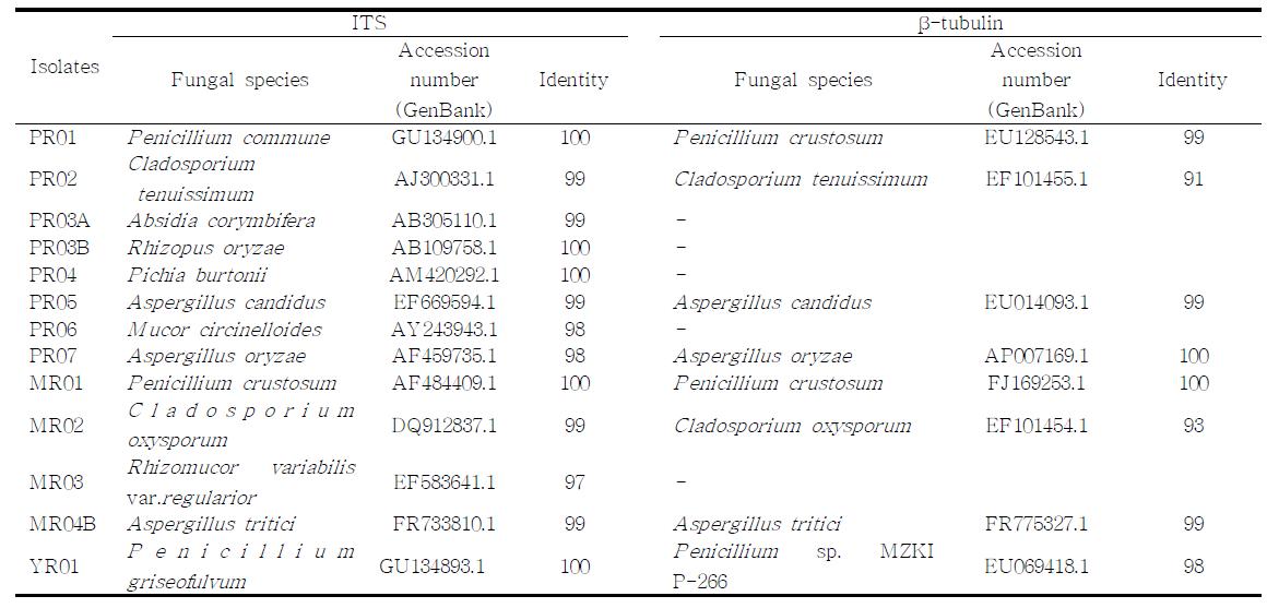 Molecular identification of fungal species isolated from rice meju usingITS and β-tubulin gene sequences