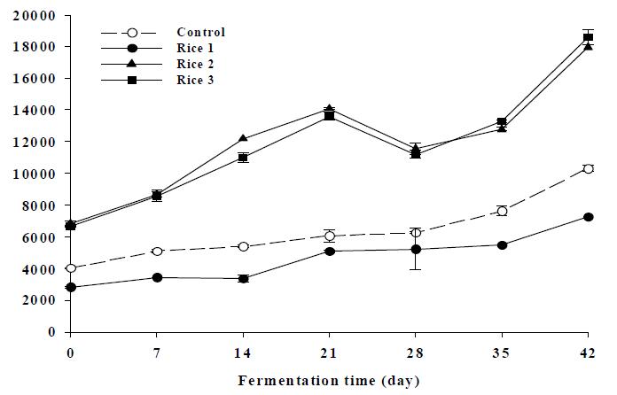 Changes of protease contents in rice doenjang during fermentation