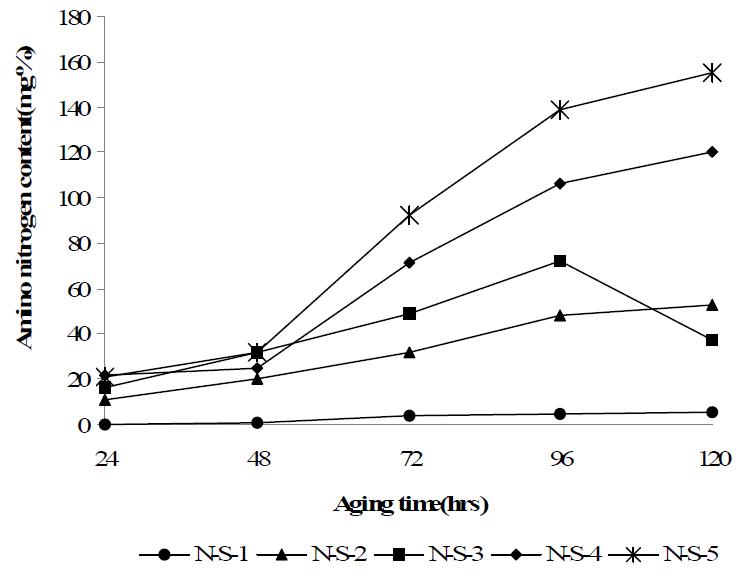 Changes of amino nitrogen content in Meju cultured with different ratio of rice and soybean according to incubation period at 28℃