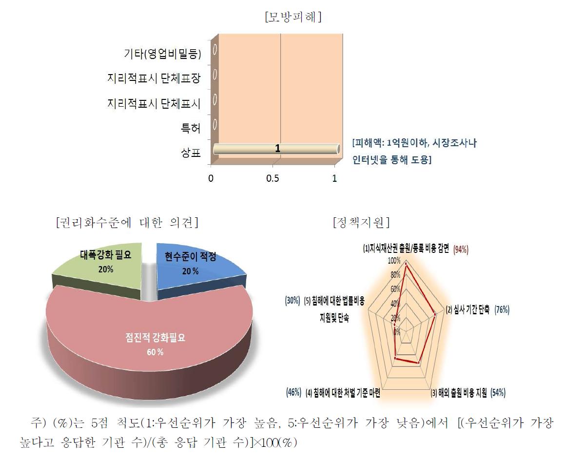 지식재산보호에 관한 권리화 수준에 대한 의견, 정책지원 및 모방피해