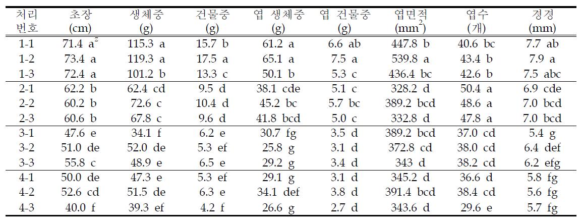 처리별 ‘백마’의 생육특성