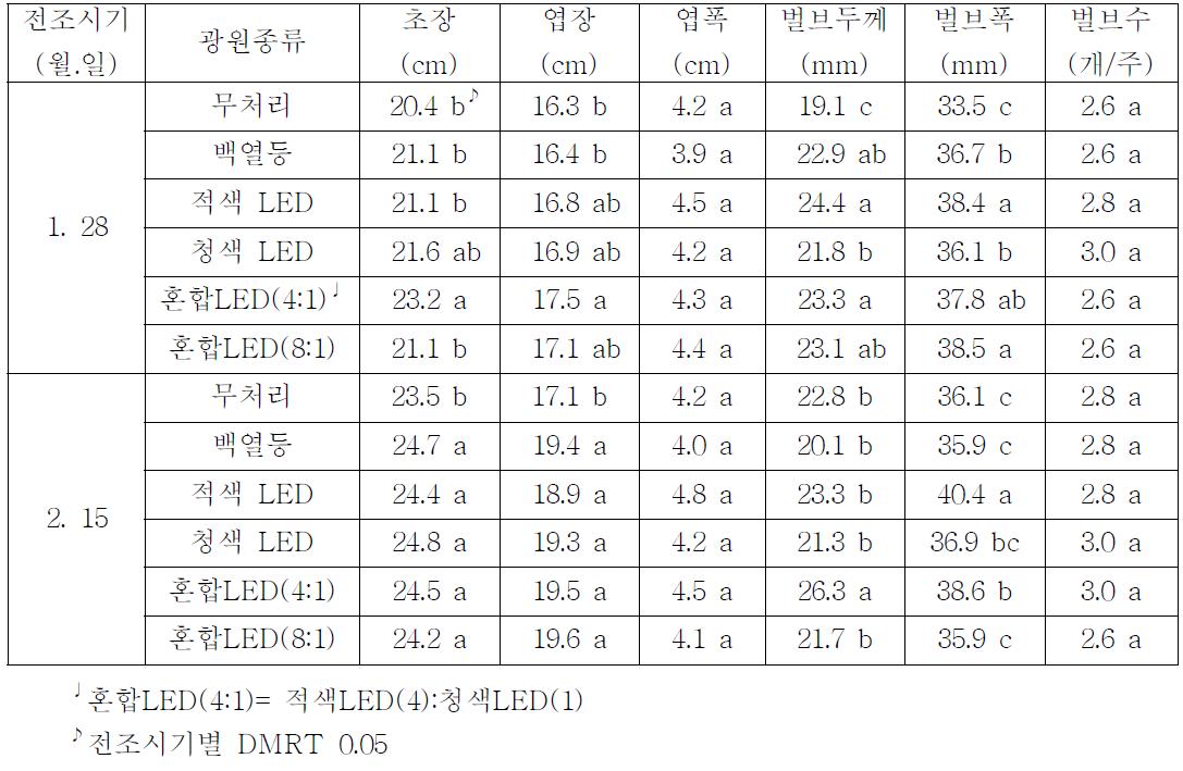 전조시기 및 광원종류별 생육특성