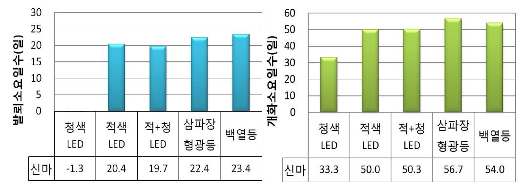 광원종류별 국화 ‘신마’의 발뢰소요일수(일) 및 개화소요일수(일)