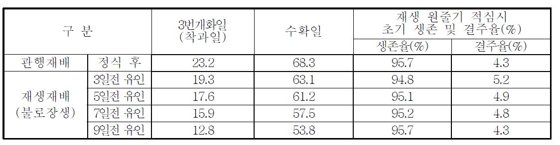 수확전 새순유인시기에 의한 착과 및 수확일