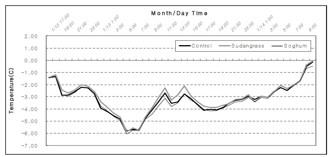 Effect of intercropping on minimum daily air temperature during the most cold periods in the winter of 2009-2011.