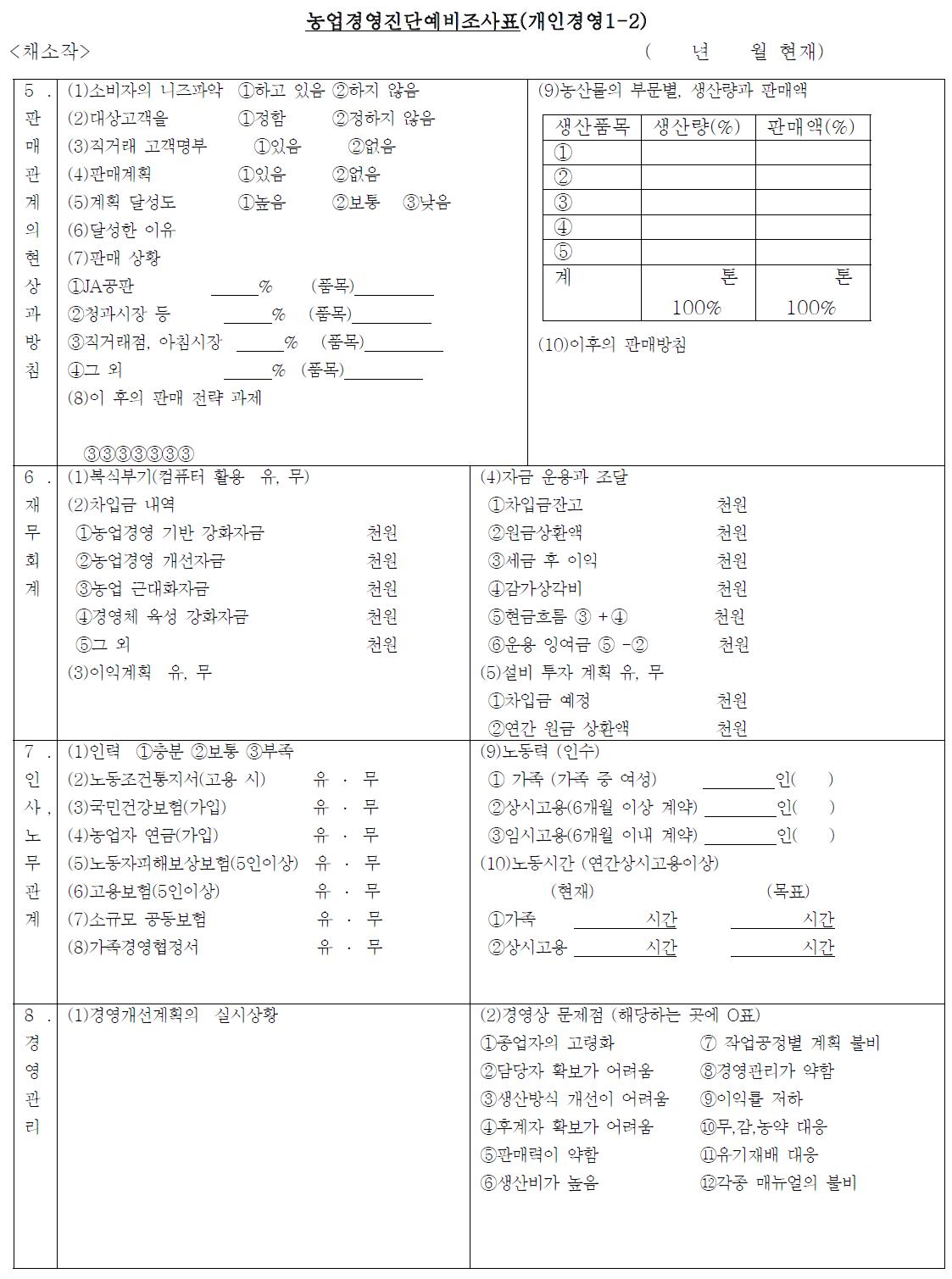 농업경영진단예비조사표(개인경영 1-2)