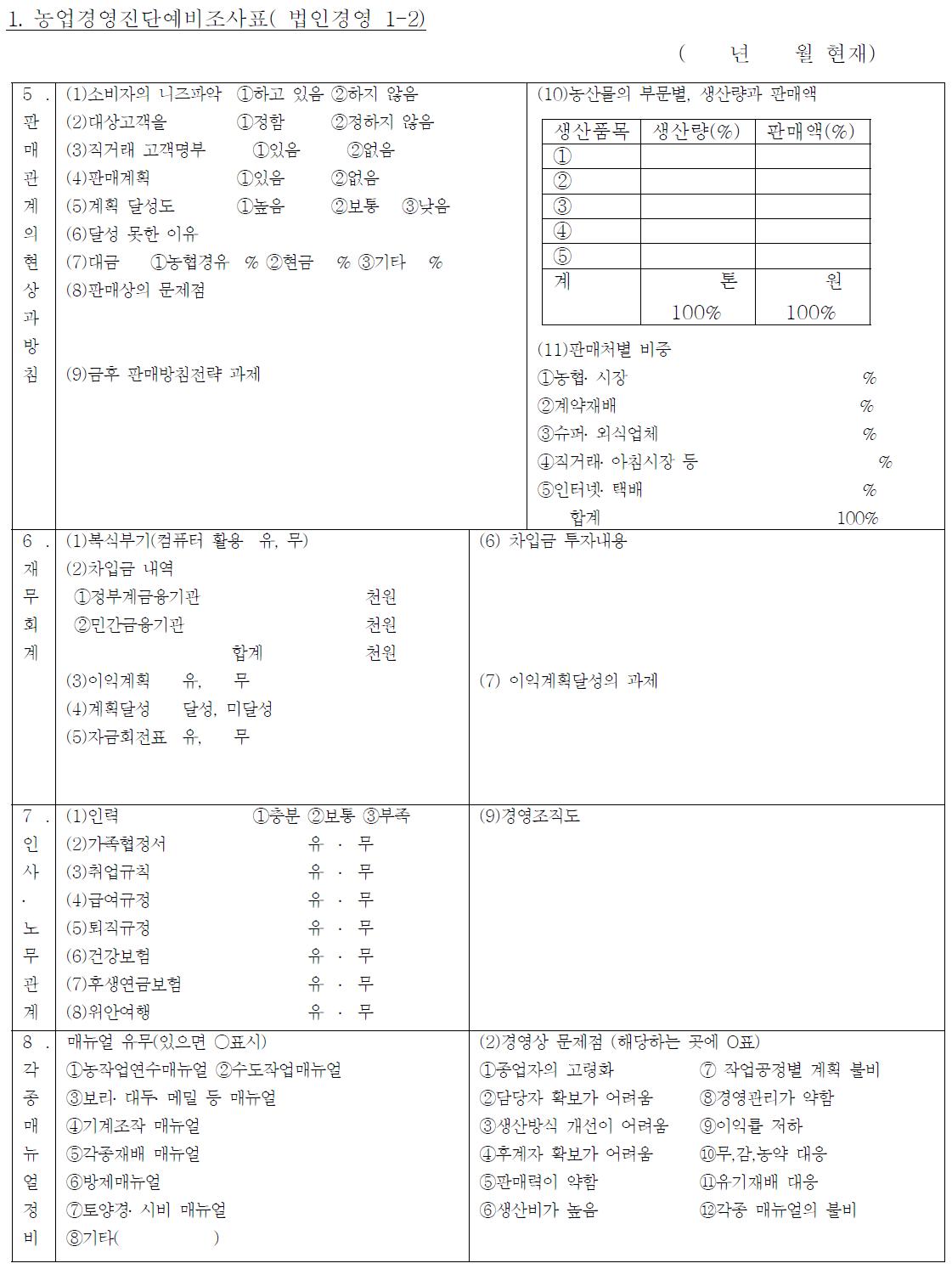 농업경영진단예비조사표(법인경영 1-2)