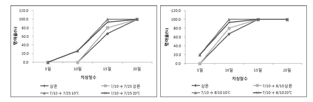 고온처리 후 온도처리에 따른 페트리디쉬 치상 맹아율