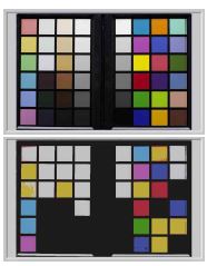 원본이미지(우측상단), 한국표준 색채분석 프로그램 (KSCA)을 통해 8개의 색채로 단순화시킨 이미지(우측하단)