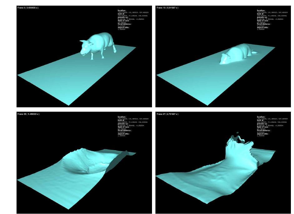 소 모양의 물을 자유 낙하한 시뮬레이션 결과