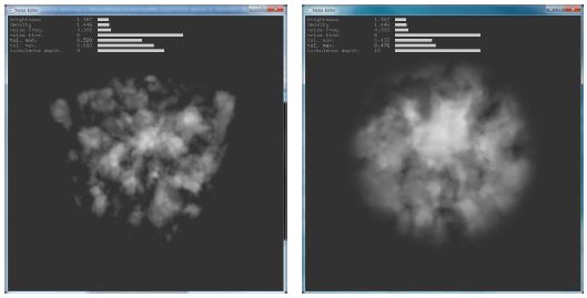 그림 57 : 절차적 쉐이더를 단일 밀도의 큐브에 적용시킨 모습(좌)와 절차적 쉐이더를 단일 입자에 적용시킨 모습(우)