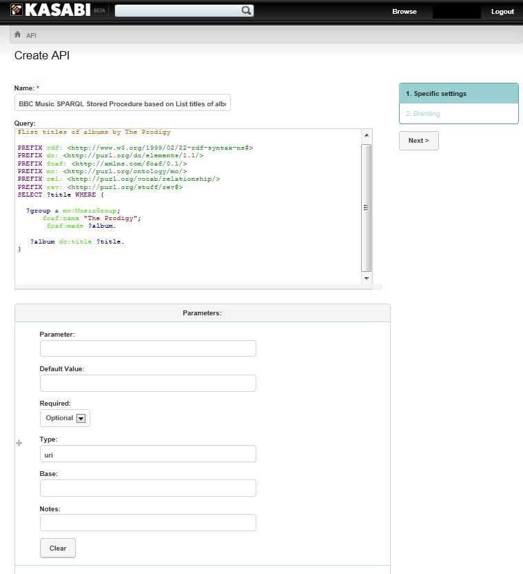 그림 33 Kasabi 플랫폼에서 SPARQL 쿼리를 API로 등록하는 화면