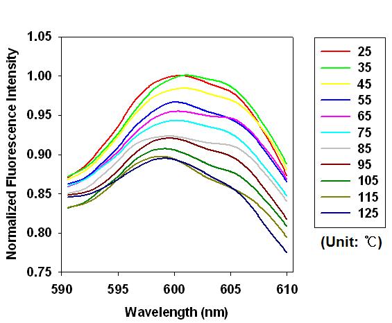 여기파장 466nm에서 yellow 양자점의 온도변화에 따른 형광강도 변화.