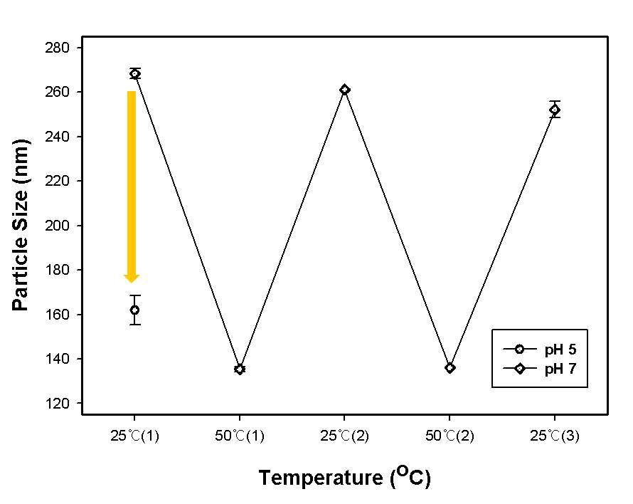 The hydrodynamic diameter of hydrogel-encapsulated MNPs (H-MNPs) as the function of alternating temperature and solution pH.