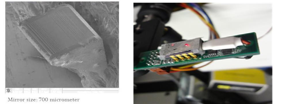 (Left) Fresnel grating on the 90 degree micro-mirror of 700 micrometer size, (Right) Assembled linear Fresnel spectrometer chip on the Printed Circuit Board (PCB).