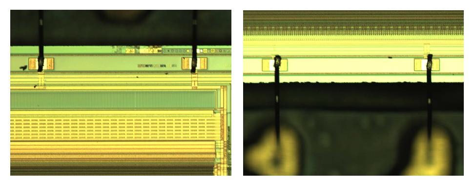 Microscope images of image sensors after wirebond on the microspectrometer printed circuit board.