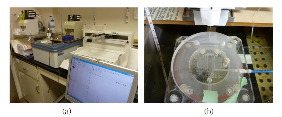 (a) In-vitro brain slice measurement set-up and (b) a recording champer with a flow cell.