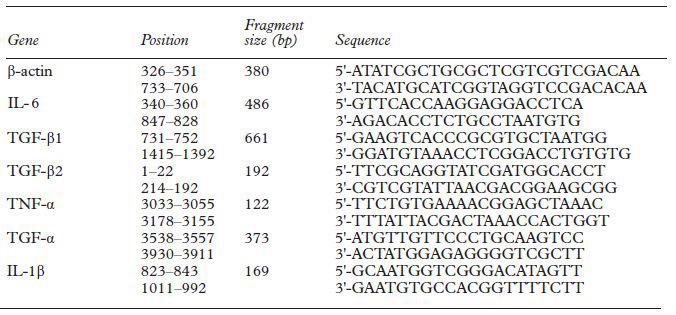 Primers of cytokine genes used for RT-PCR analysis