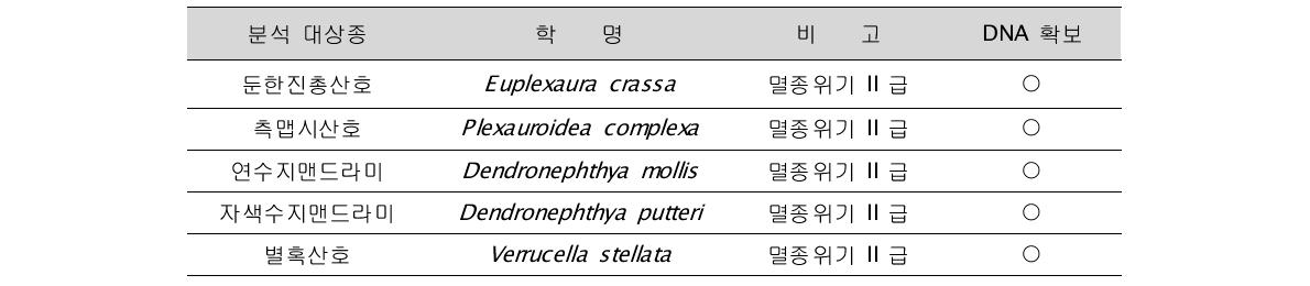 분석대상 자포동물 5종의 목록