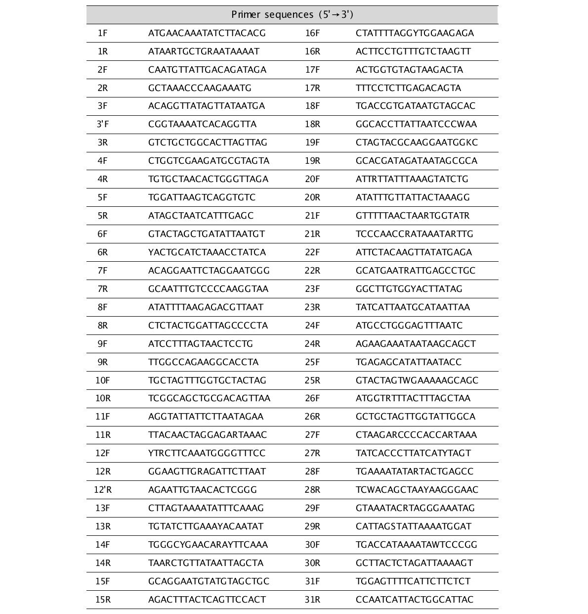한국산 연산호류의 미토콘드리아 시퀀스 증폭을 위한 31쌍의 프라이머정보